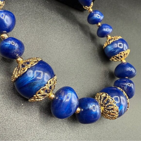 Trifari Signed Blue and Gold Beaded Filigree Elegant Necklace - Picture 4 of 9